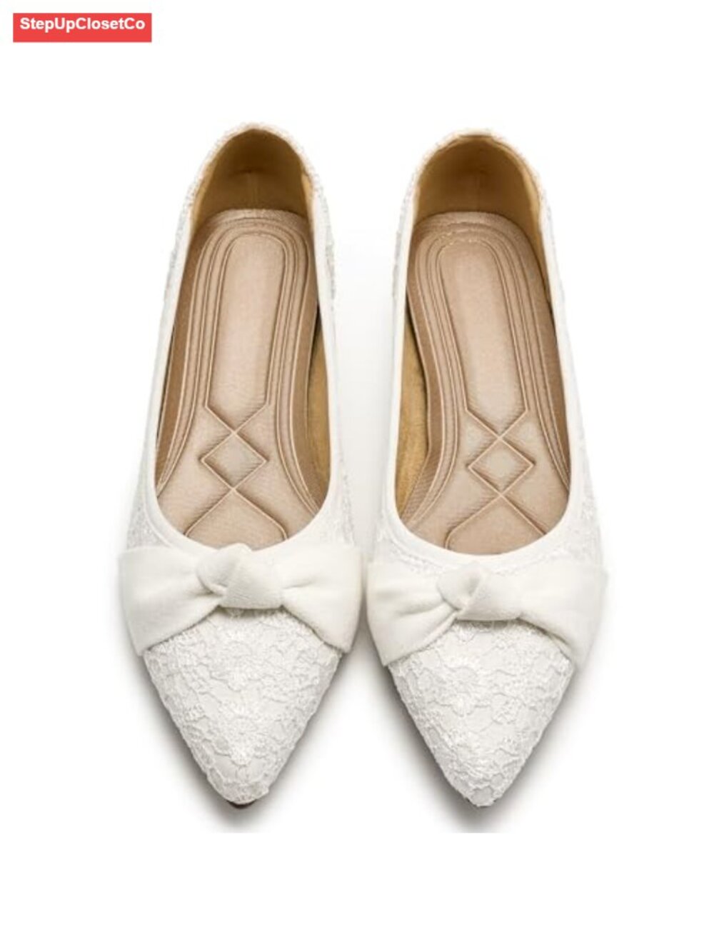 Women's Lace Ballet Flats - Pointed Toe Bow Knot Dress Shoes for Wedding